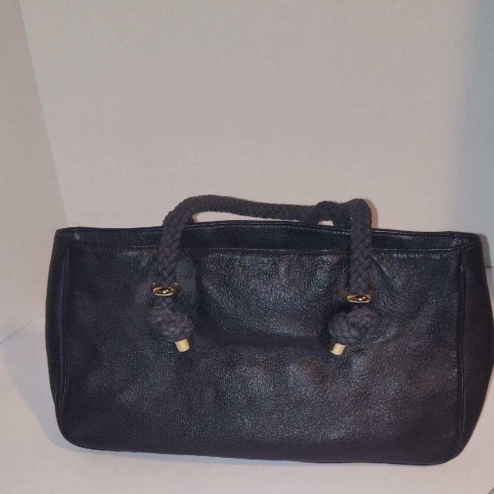 Kate Spade Black Leather Purse Rope Strap Snap Closure